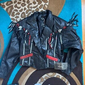 Black & Red Leather Jacket with Fringe Accents
